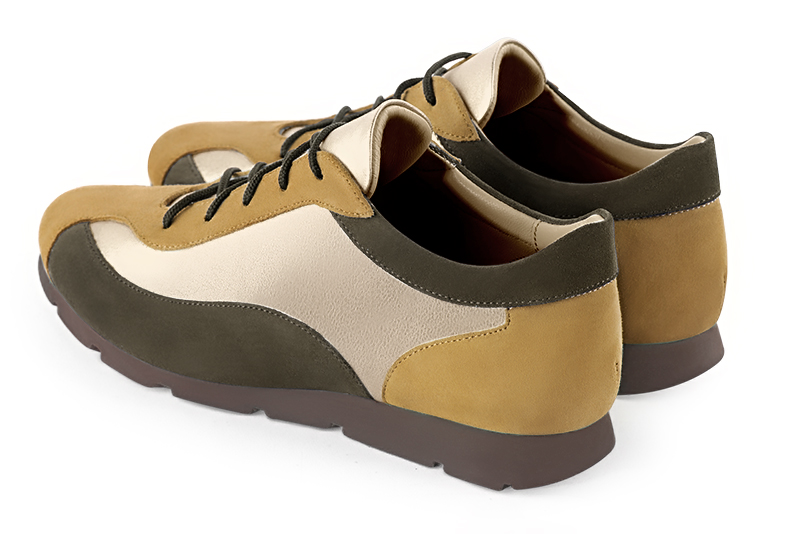 Mustard yellow, gold and khaki green women's three-tone elegant sneakers. Round toe. Flat rubber soles. Rear view - Florence KOOIJMAN